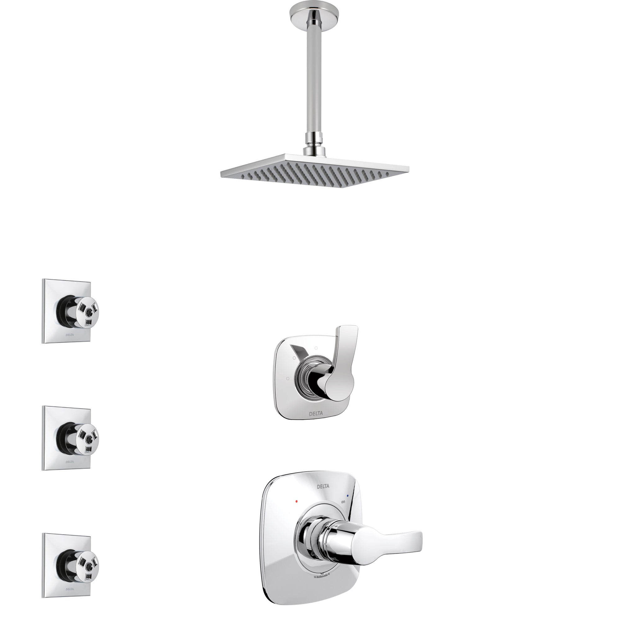 Delta Tesla Chrome Finish Shower System with Control Handle, 3-Setting Diverter, Ceiling Mount Showerhead, and 3 Body Sprays SS14523