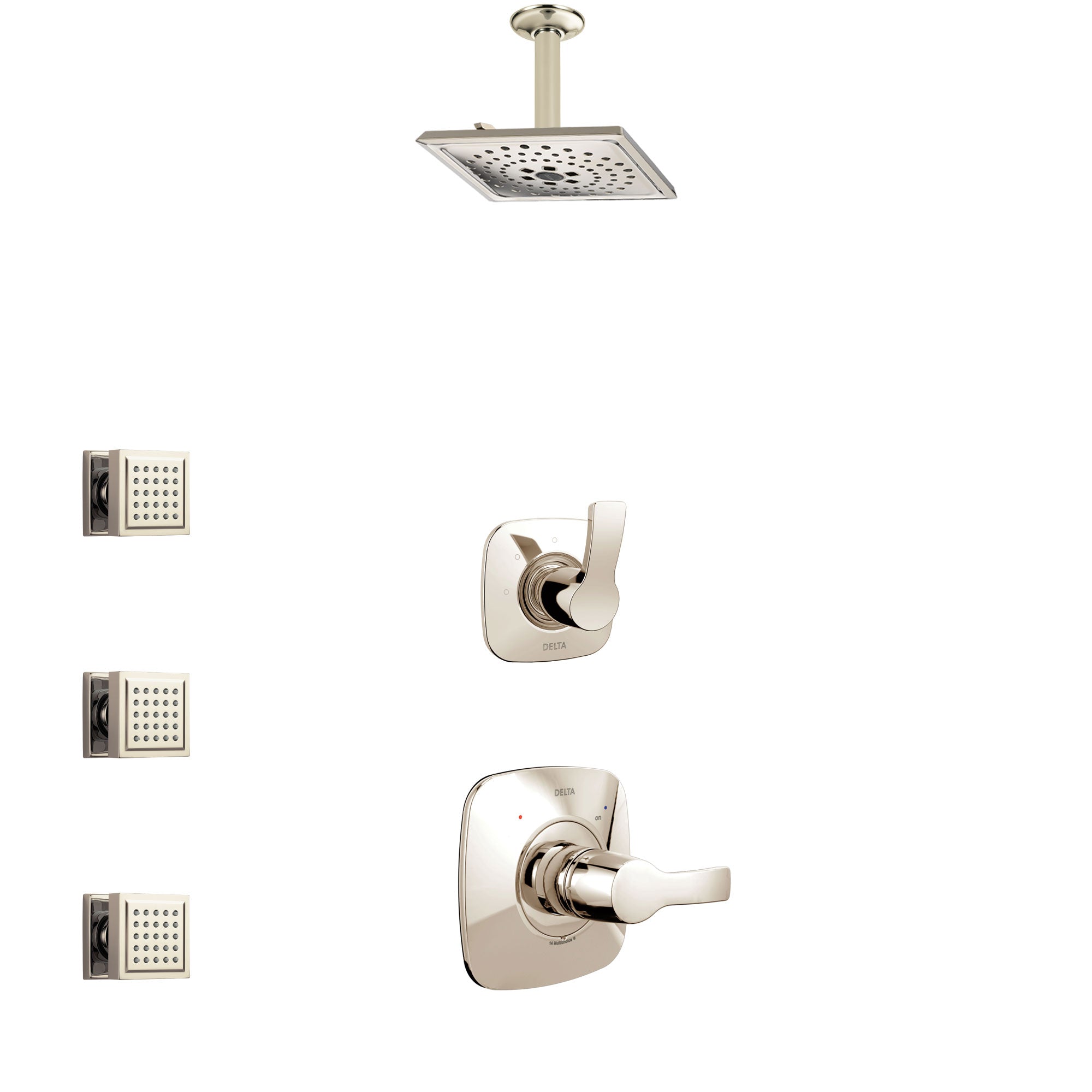 Delta Tesla Polished Nickel Finish Shower System with Control Handle, 3-Setting Diverter, Ceiling Mount Showerhead, and 3 Body Sprays SS1452PN5