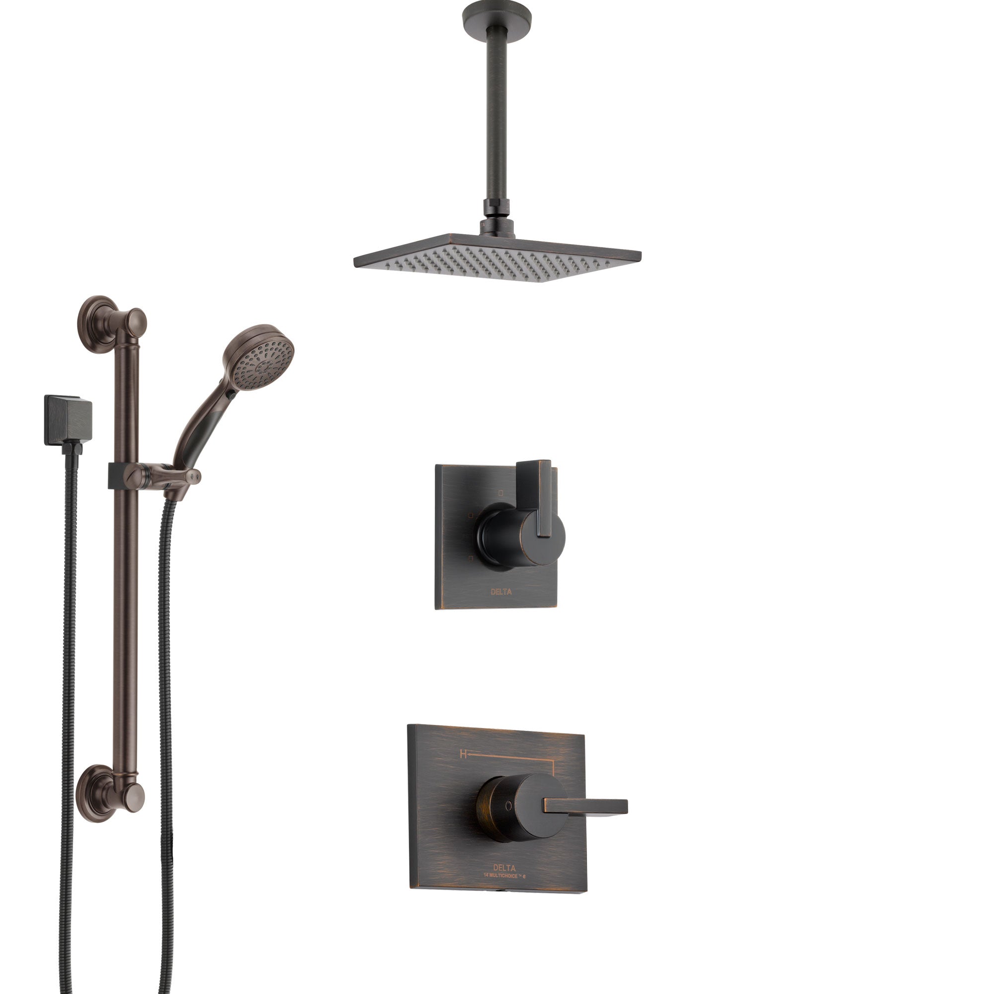 Delta Vero Venetian Bronze Shower System with Control Handle, 3-Setting Diverter, Ceiling Mount Showerhead, and Hand Shower with Grab Bar SS1453RB1