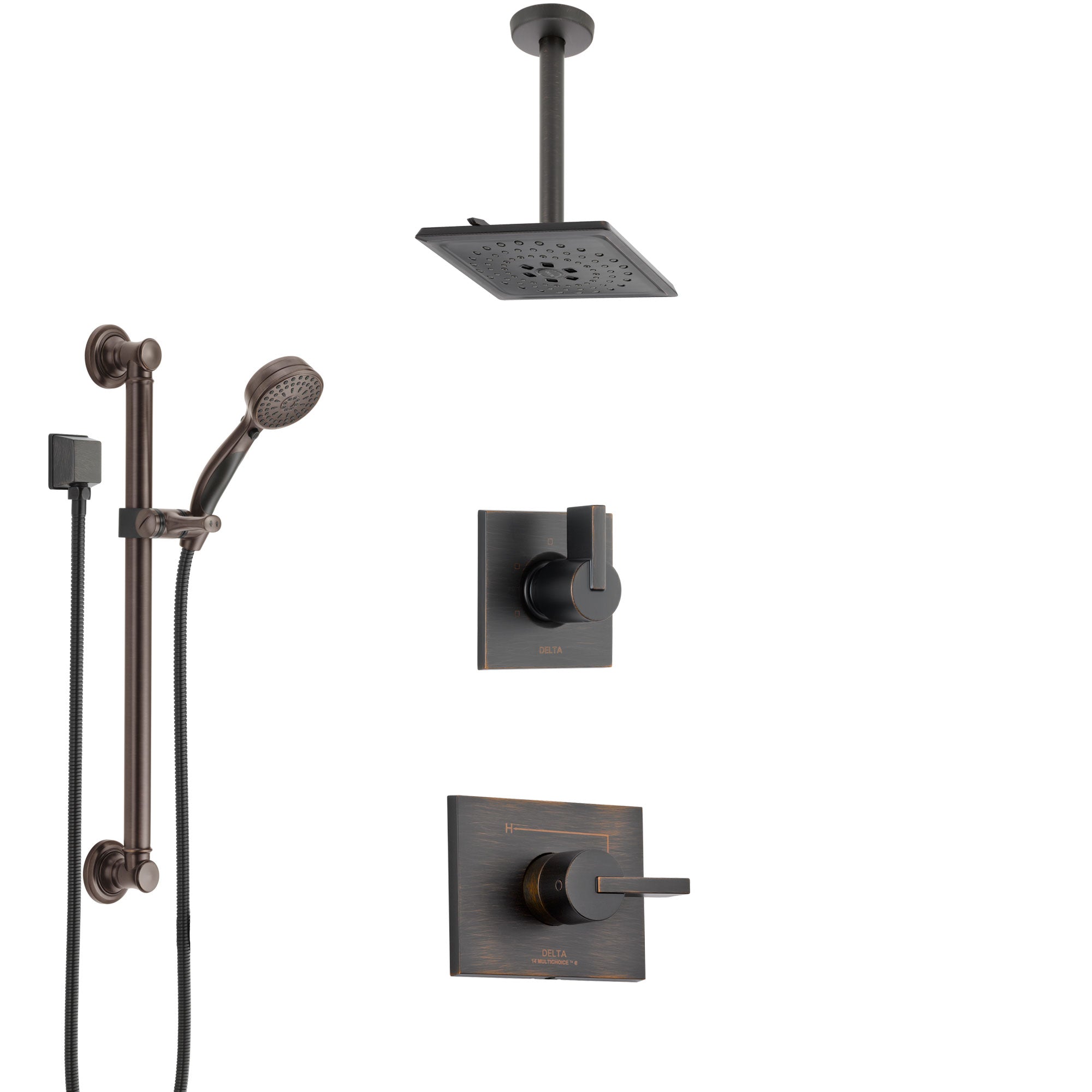 Delta Vero Venetian Bronze Shower System with Control Handle, 3-Setting Diverter, Ceiling Mount Showerhead, and Hand Shower with Grab Bar SS1453RB2