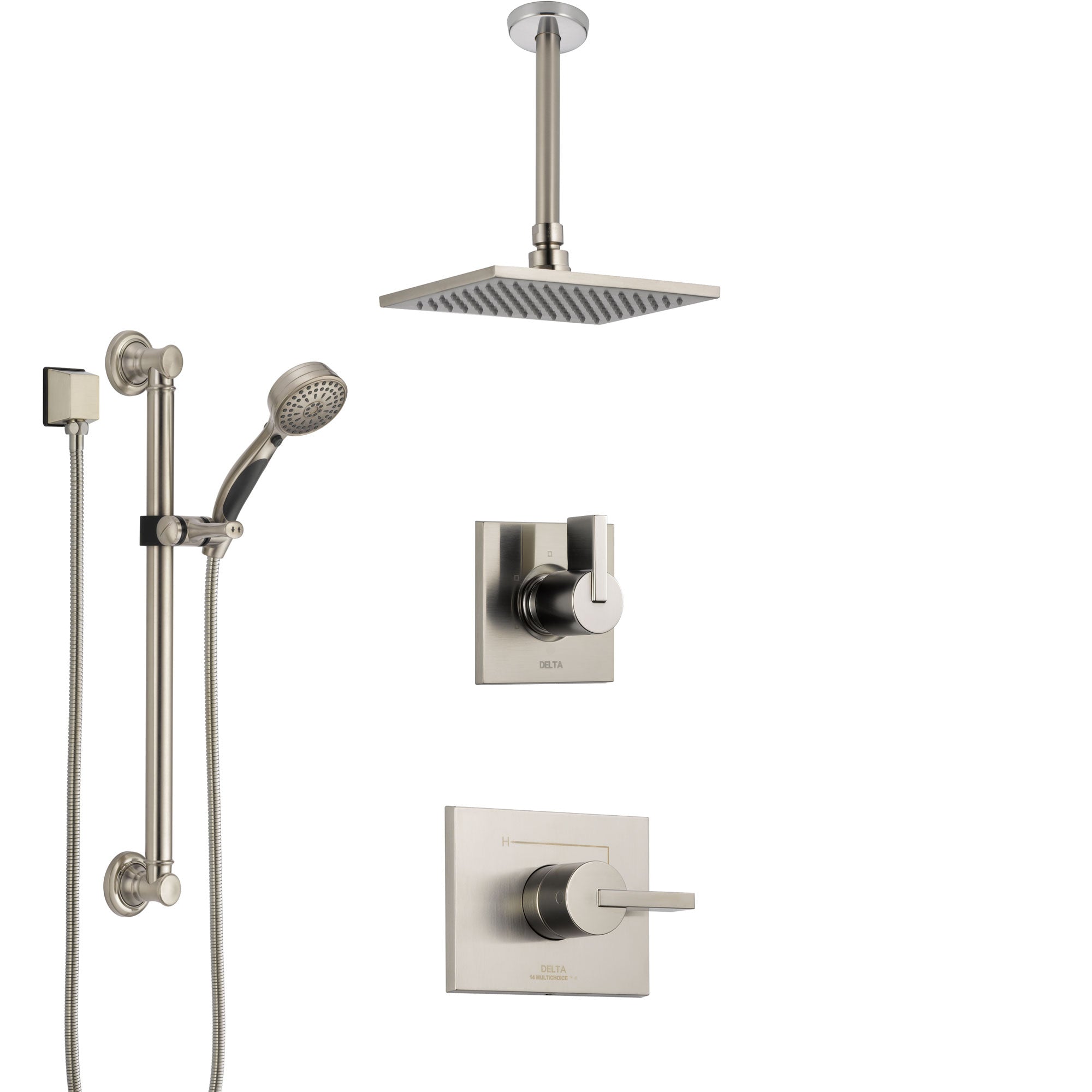 Delta Vero Stainless Steel Finish Shower System with Control Handle, Diverter, Ceiling Mount Showerhead, and Hand Shower with Grab Bar SS1453SS1