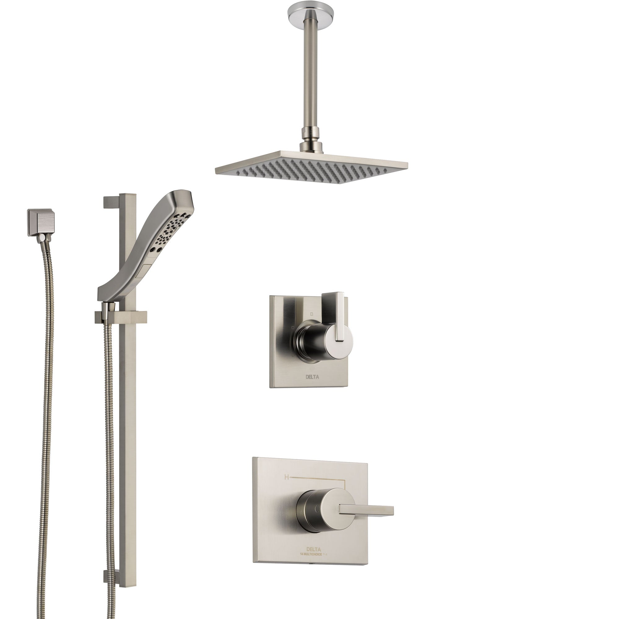 Delta Vero Stainless Steel Finish Shower System with Control Handle, Diverter, Ceiling Mount Showerhead, and Hand Shower with Slidebar SS1453SS3