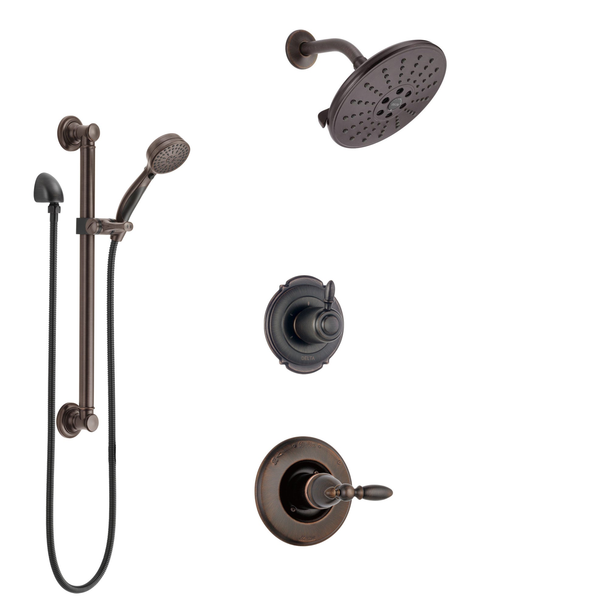 Delta Victorian Venetian Bronze Finish Shower System with Control Handle, 3-Setting Diverter, Showerhead, and Hand Shower with Grab Bar SS1455RB7