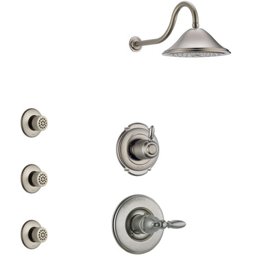 Delta Victorian Stainless Steel Finish Shower System with Control Handle, 3-Setting Diverter, Showerhead, and 3 Body Sprays SS1455SS3