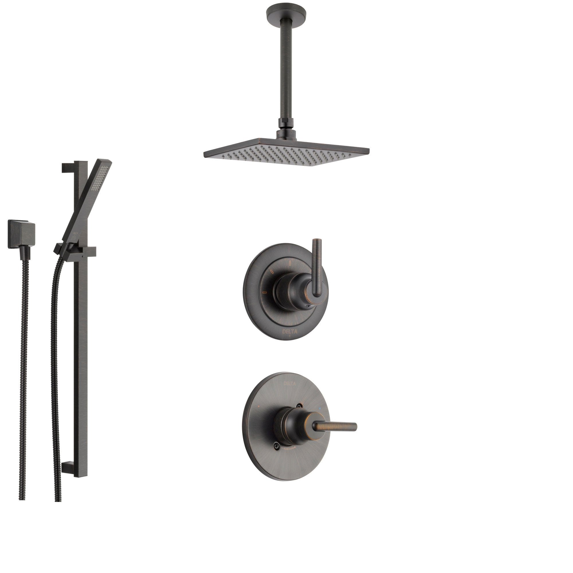 Delta Trinsic Venetian Bronze Shower System with Normal Shower Handle, 3-setting Diverter, Large Square Modern Ceiling Mount Showerhead, and Handheld Shower SS145985RB