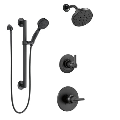 Delta Trinsic Matte Black Finish Modern Shower Diverter System with Multi-Setting Wall Mount Showerhead and Grab Bar Mount Hand Sprayer SS1459BL5