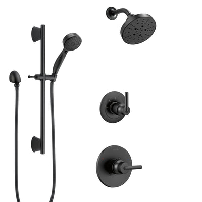 Delta Trinsic Matte Black Finish Modern Shower Diverter System with Multi-Setting Wall Mount Showerhead and Slidebar Mount Hand Sprayer SS1459BL6