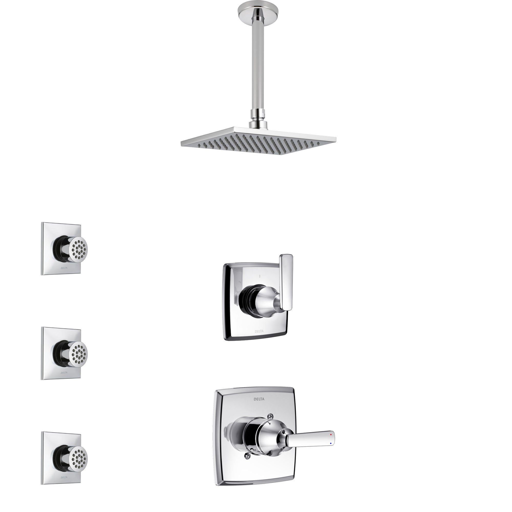 Delta Ashlyn Chrome Finish Shower System with Control Handle, 3-Setting Diverter, Ceiling Mount Showerhead, and 3 Body Sprays SS14643