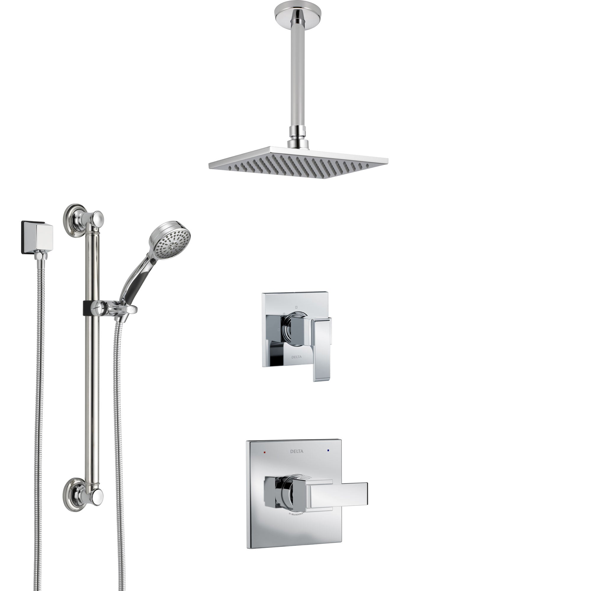 Delta Ara Chrome Finish Shower System with Control Handle, 3-Setting Diverter, Ceiling Mount Showerhead, and Hand Shower with Grab Bar SS14671