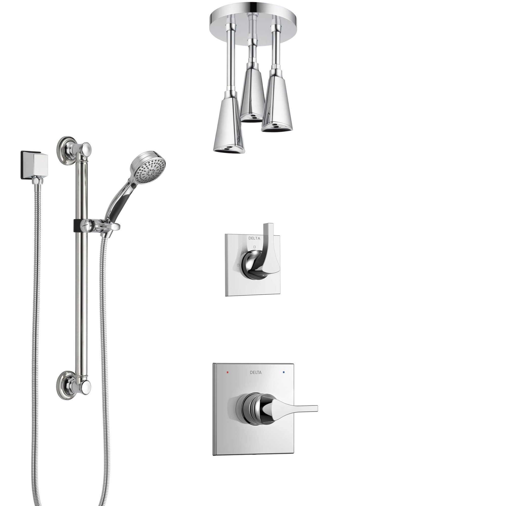 Delta Zura Chrome Finish Shower System with Control Handle, 3-Setting Diverter, Ceiling Mount Showerhead, and Hand Shower with Grab Bar SS14745