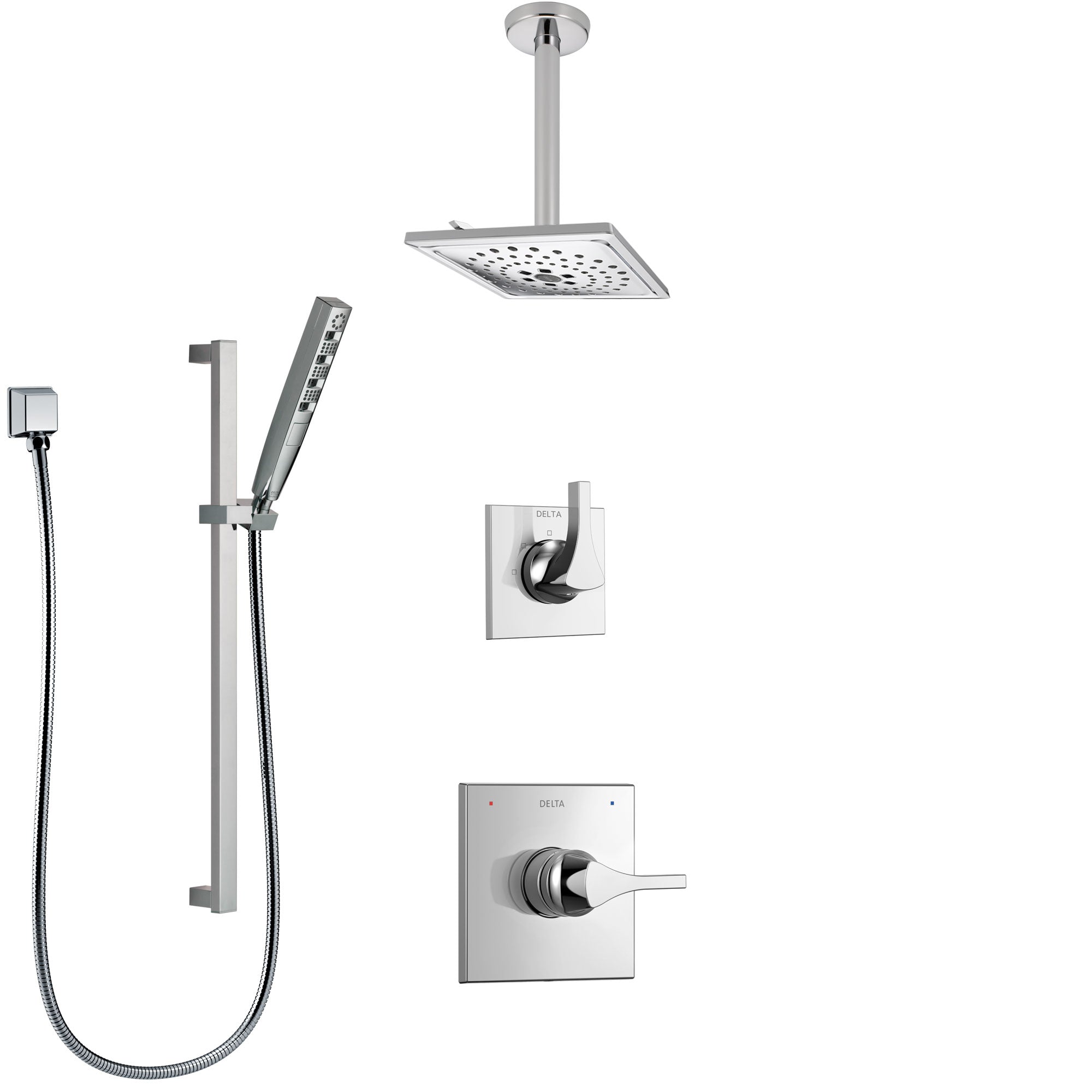 Delta Zura Chrome Finish Shower System with Control Handle, 3-Setting Diverter, Ceiling Mount Showerhead, and Hand Shower with Slidebar SS14747