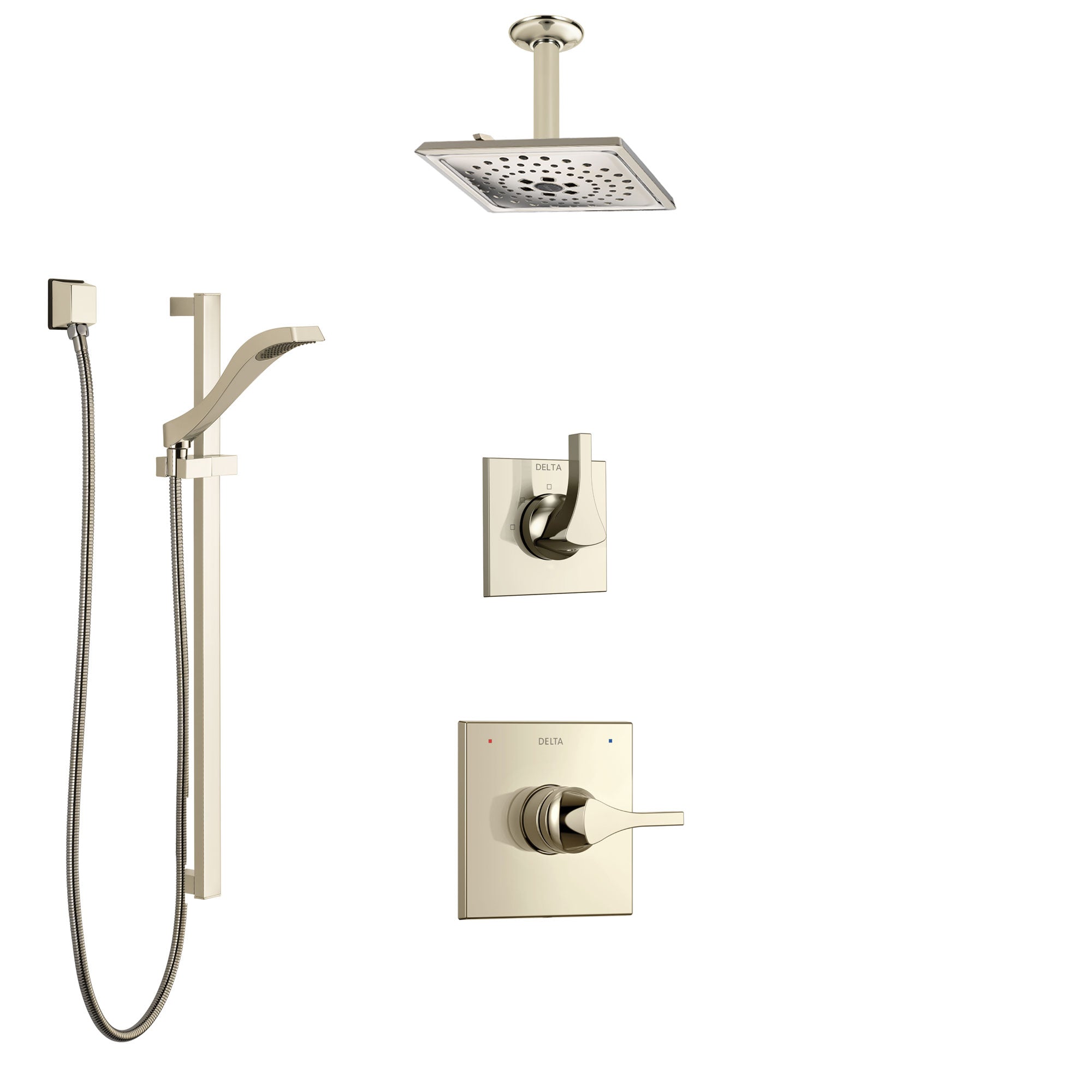 Delta Zura Polished Nickel Shower System with Control Handle, 3-Setting Diverter, Ceiling Mount Showerhead, and Hand Shower with Slidebar SS1474PN3