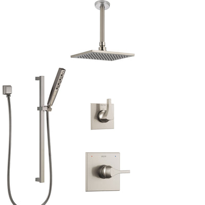 Delta Zura Stainless Steel Finish Shower System with Control Handle, Diverter, Ceiling Mount Showerhead, and Hand Shower with Slidebar SS1474SS3