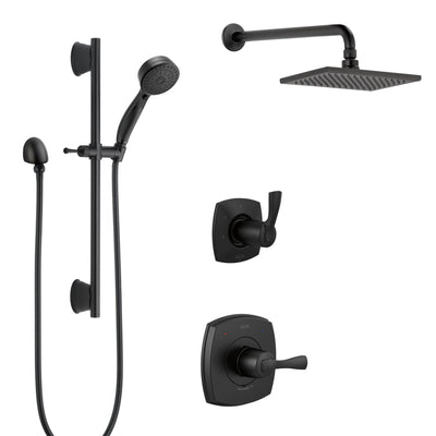 Delta Stryke Matte Black Finish Shower Diverter System with Large Wall Mount Rain Showerhead and Slidebar Mounted Hand Sprayer Kit SS14763BL4