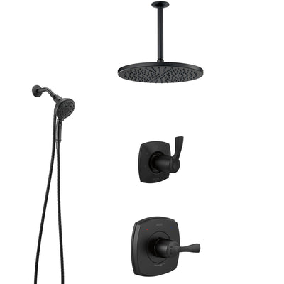 Delta Stryke Matte Black Finish Shower System with Diverter, Large Modern Ceiling Showerhead, and SureDock Detachable Hand Shower Spray SS14763BL8