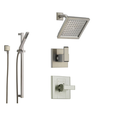 Delta Arzo Stainless Steel Shower System with Normal Shower Handle, 3-setting Diverter, Square Showerhead and Modern Handheld Shower SS148683SS