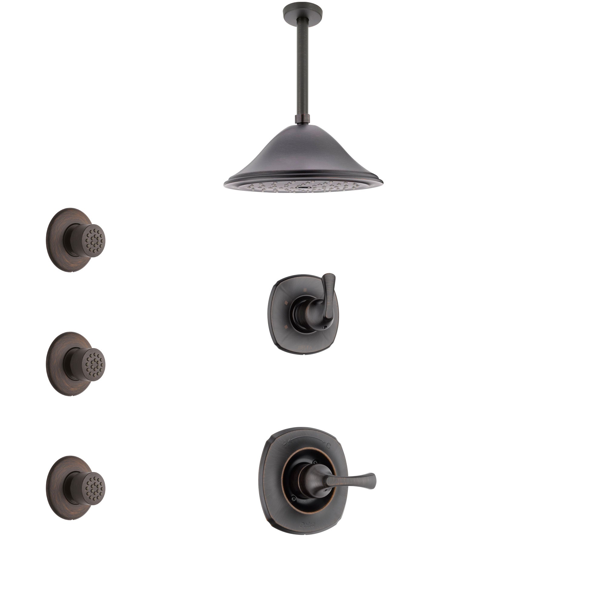 Delta Addison Venetian Bronze Finish Shower System with Control Handle, 3-Setting Diverter, Ceiling Mount Showerhead, and 3 Body Sprays SS1492RB3