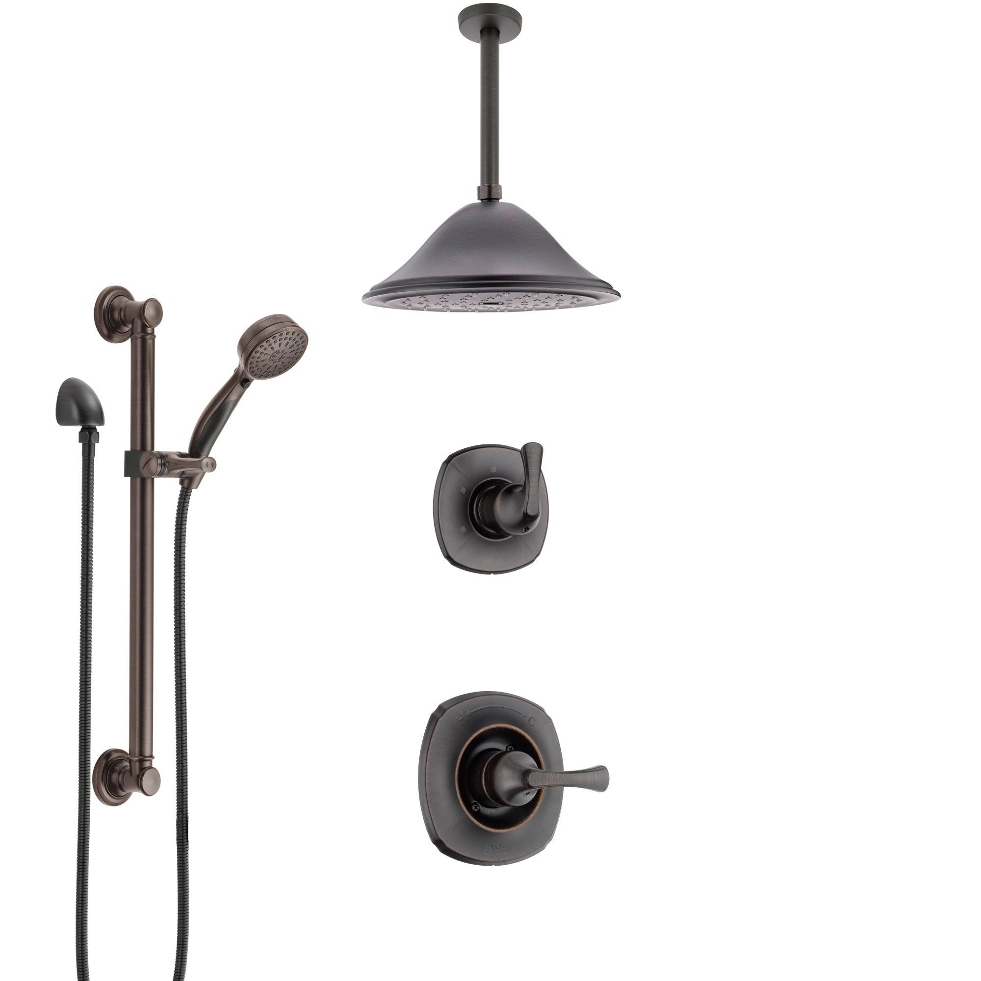 Delta Addison Venetian Bronze Shower System with Control Handle, 3-Setting Diverter, Ceiling Mount Showerhead, and Hand Shower with Grab Bar SS1492RB4