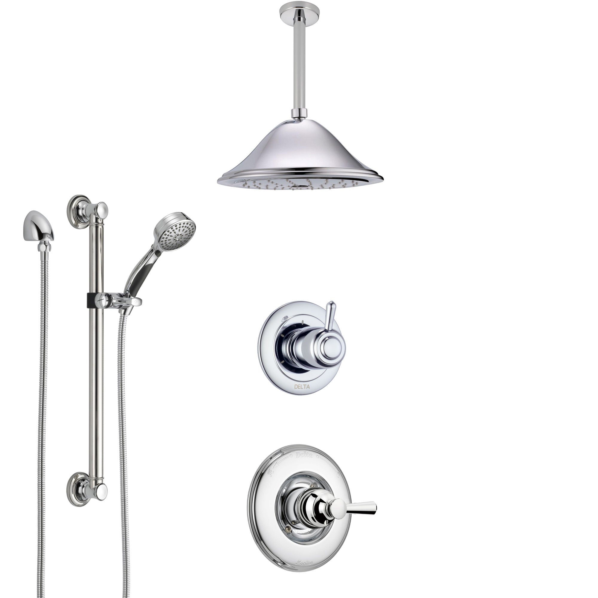 Delta Linden Chrome Finish Shower System with Control Handle, 3-Setting Diverter, Ceiling Mount Showerhead, and Hand Shower with Grab Bar SS14932