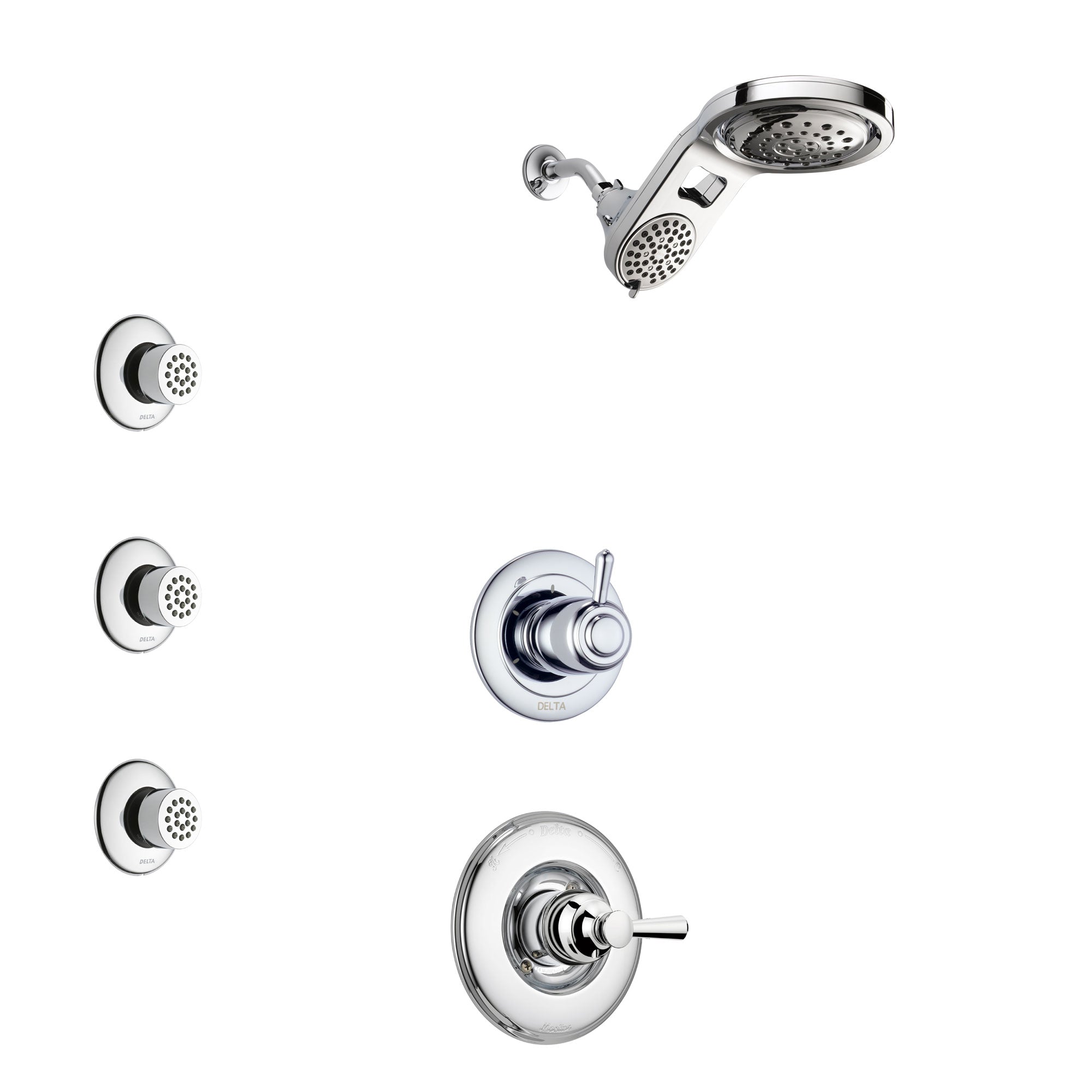 Delta Linden Chrome Finish Shower System with Control Handle, 3-Setting Diverter, Dual Showerhead, and 3 Body Sprays SS14936