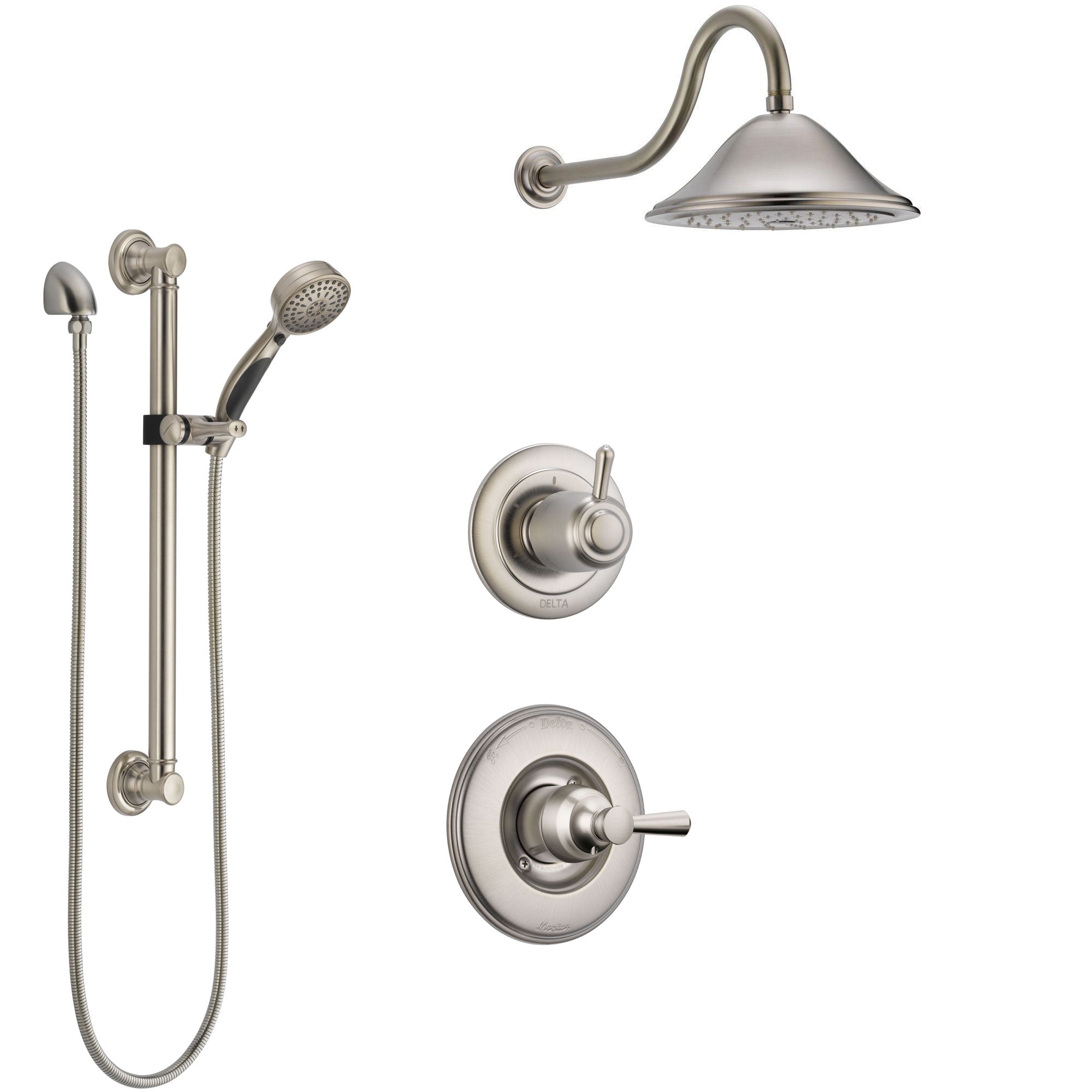 Delta Linden Stainless Steel Finish Shower System with Control Handle, 3-Setting Diverter, Showerhead, and Hand Shower with Grab Bar SS1493SS2