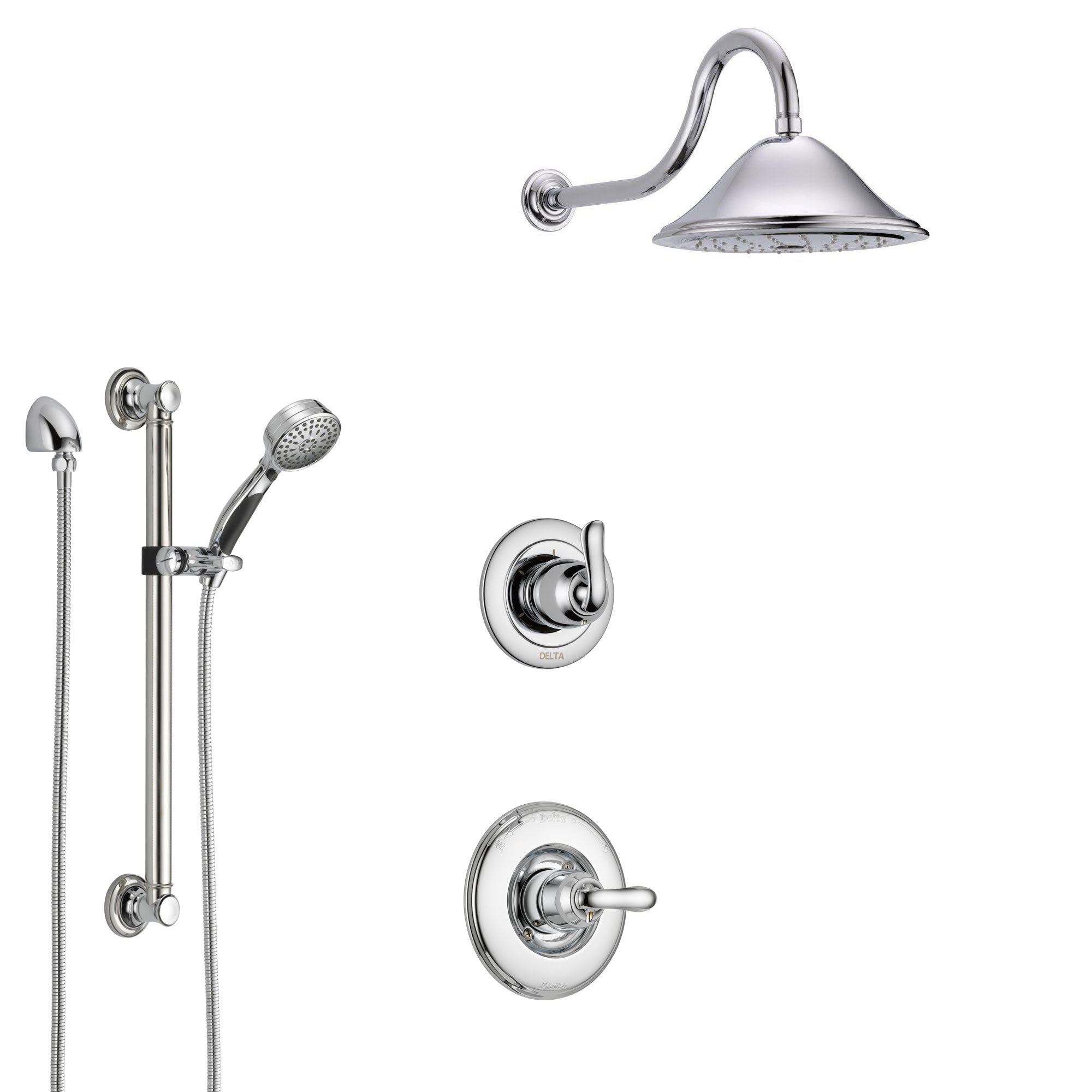 Delta Linden Chrome Finish Shower System with Control Handle, 3-Setting Diverter, Showerhead, and Hand Shower with Grab Bar SS14944