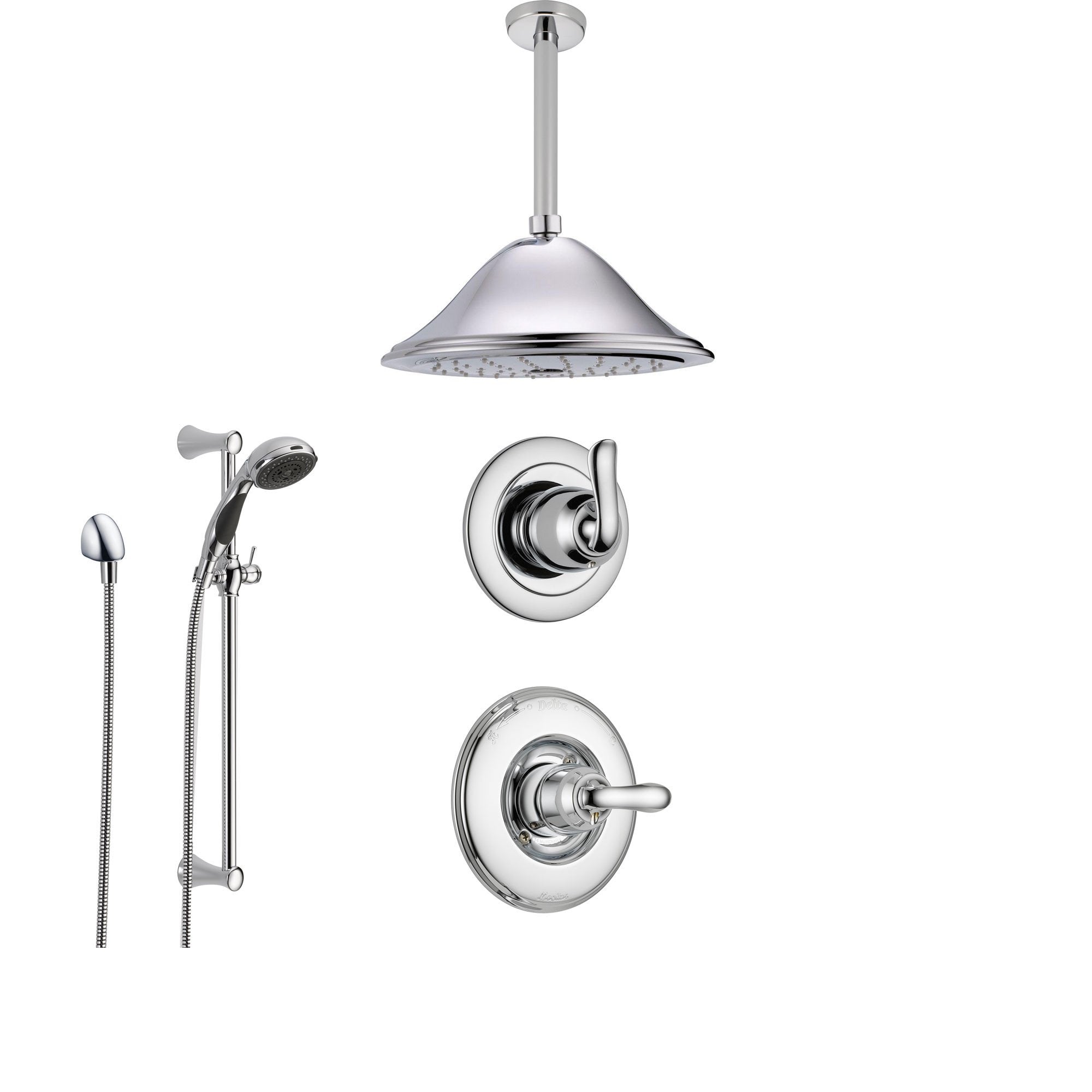 Delta Linden Chrome Shower System with Normal Shower Handle, 3-setting Diverter, Large Ceiling Mount Rain Showerhead, and Handheld Shower SS149482