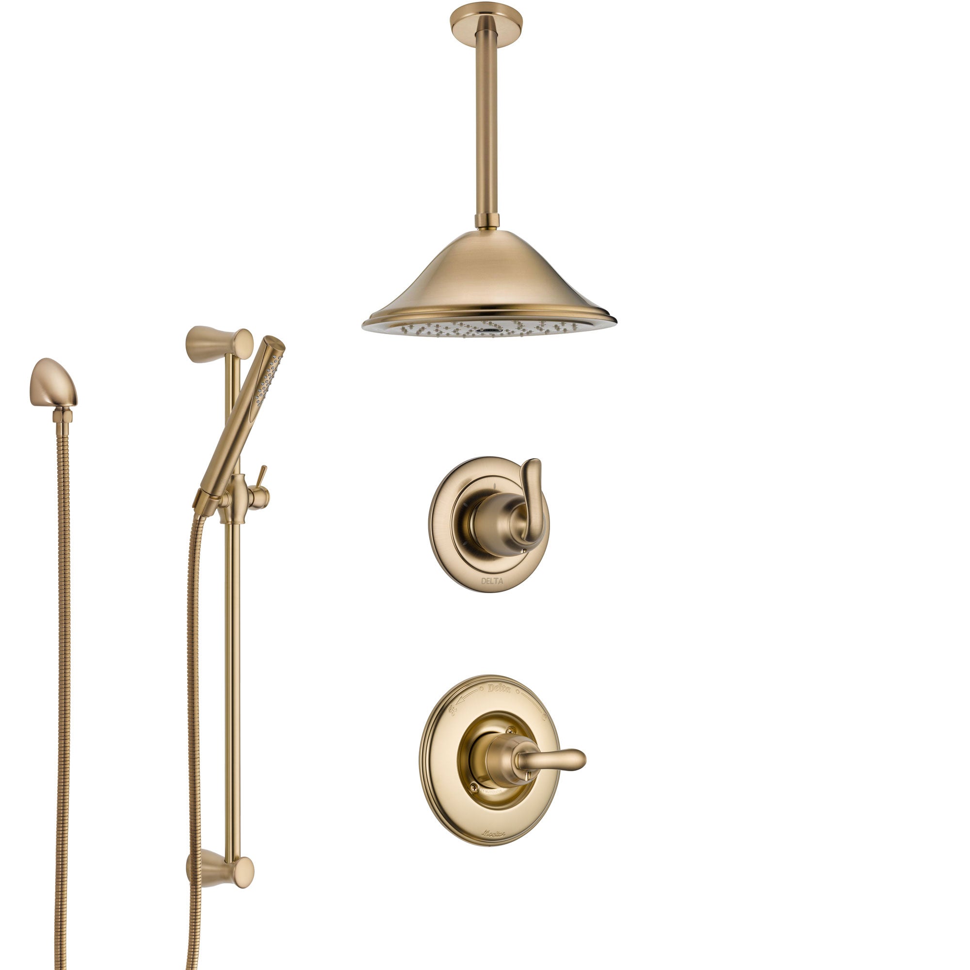 Delta Linden Champagne Bronze Shower System with Control Handle, 3-Setting Diverter, Ceiling Mount Showerhead, and Hand Shower with Slidebar SS1494CZ6