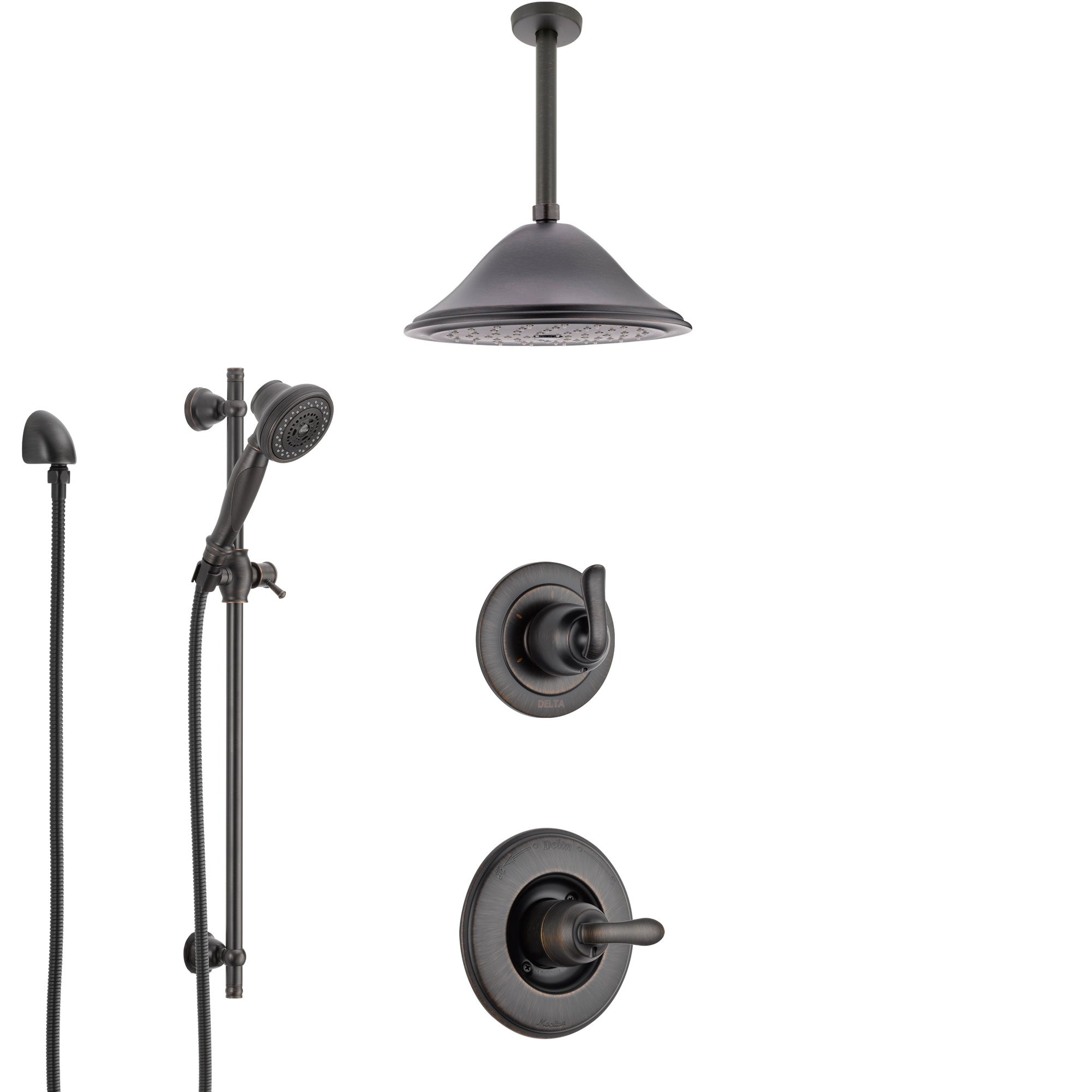 Delta Linden Venetian Bronze Shower System with Control Handle, 3-Setting Diverter, Ceiling Mount Showerhead, and Hand Shower with Slidebar SS1494RB5