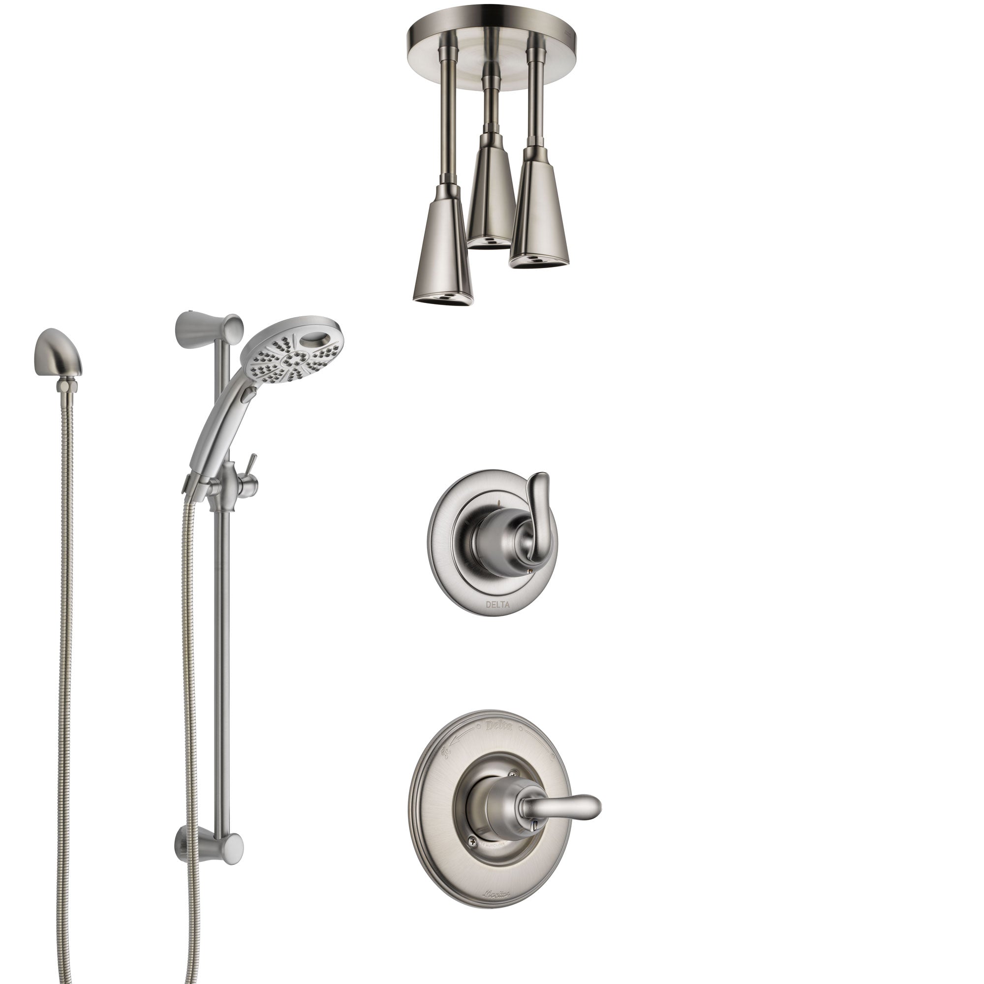 Delta Linden Stainless Steel Finish Shower System with Control Handle, Diverter, Ceiling Mount Showerhead, and Temp2O Hand Shower SS1494SS4