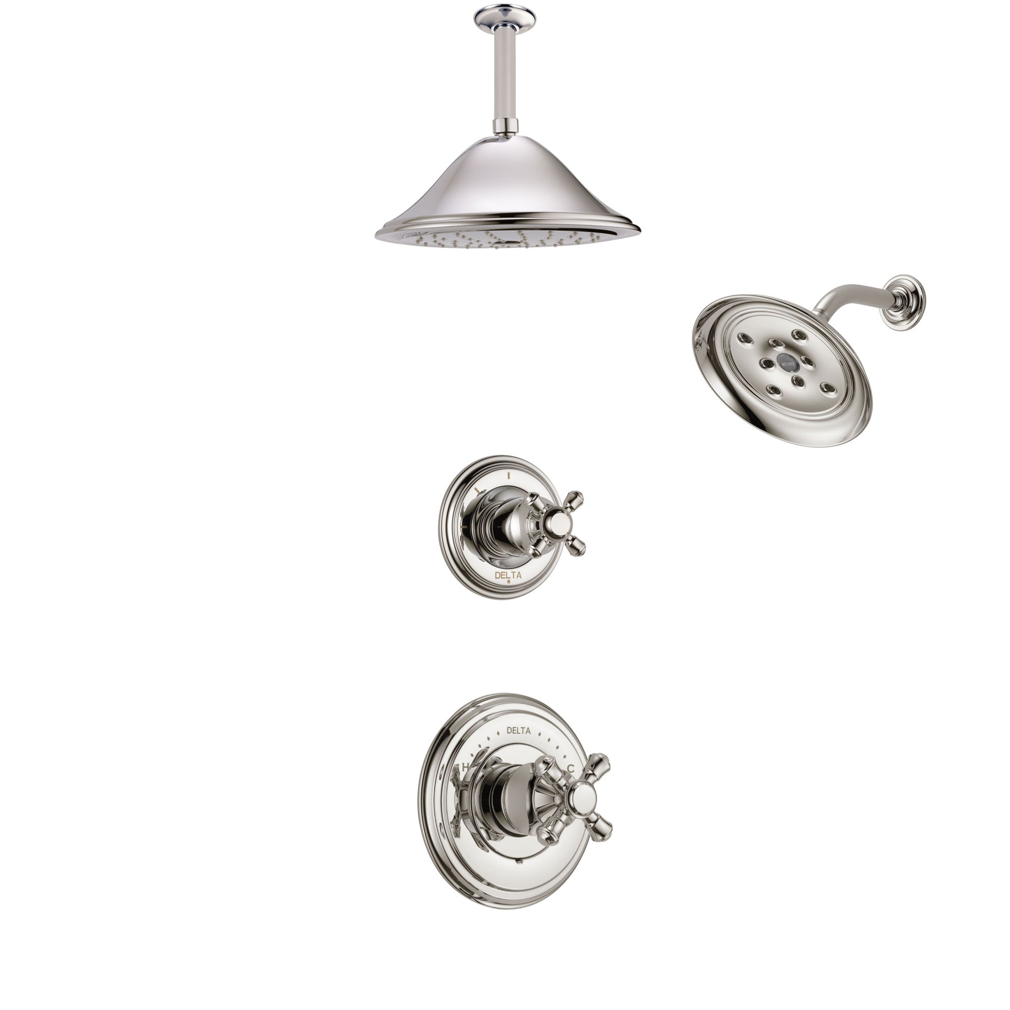 Delta Cassidy Polished Nickel Finish Shower System with Control Handle, 3-Setting Diverter, Showerhead, and Ceiling Mount Showerhead SS14971PN7