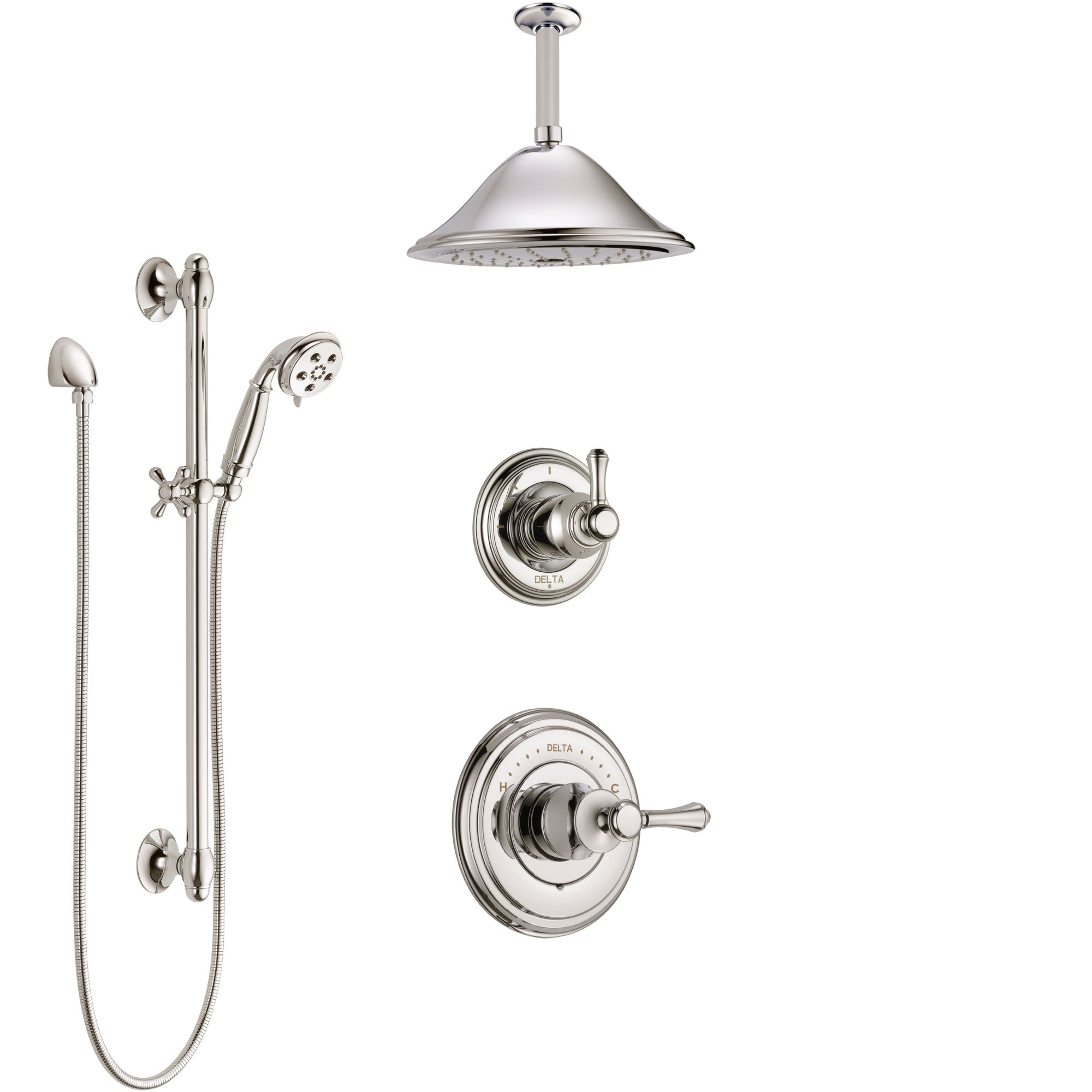 Delta Cassidy Polished Nickel Shower System with Control Handle, Diverter, Ceiling Mount Showerhead, and Hand Shower with Slidebar SS14972PN3