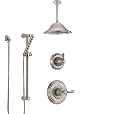 Delta Cassidy Stainless Steel Finish Shower System with Control Handle, Diverter, Ceiling Mount Showerhead, and Hand Shower with Slidebar SS14973SS8