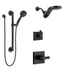 Delta Pivotal Matte Black Finish Modern Angular Shower System with Dual Showerhead HydroRain Fixture and Grab Bar Hand Sprayer Kit SS14993BL12