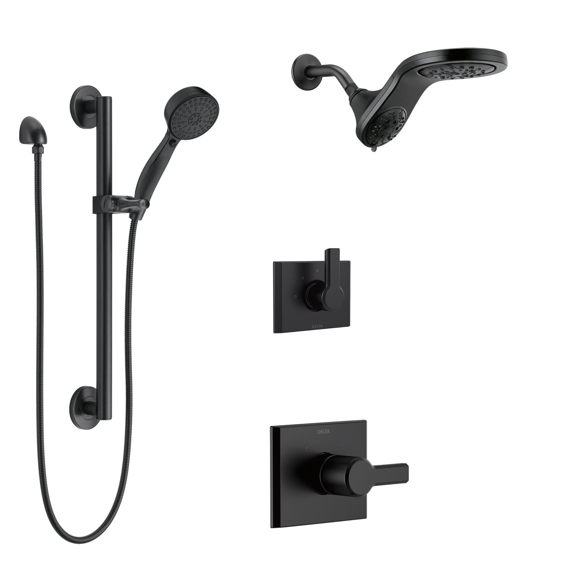 Delta Pivotal Matte Black Finish Modern Angular Shower System with Dual Showerhead HydroRain Fixture and Grab Bar Hand Sprayer Kit SS14993BL12