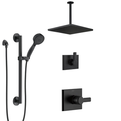 Delta Pivotal Matte Black Finish Modern Angular Shower System with Diverter, Large Rain Ceiling Mount Showerhead, and Grab Bar Hand Sprayer SS14993BL1