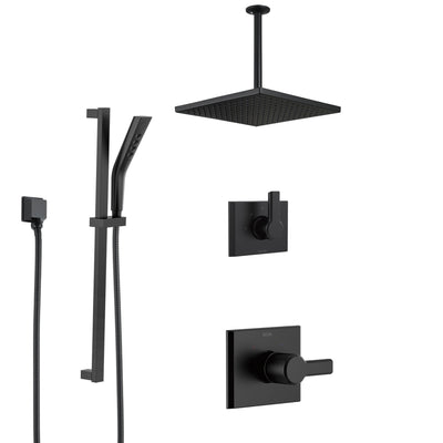 Delta Pivotal Matte Black Finish Modern Angular Shower System with Diverter, Large Rain Ceiling Mount Showerhead, and Slidebar Hand Sprayer SS14993BL2