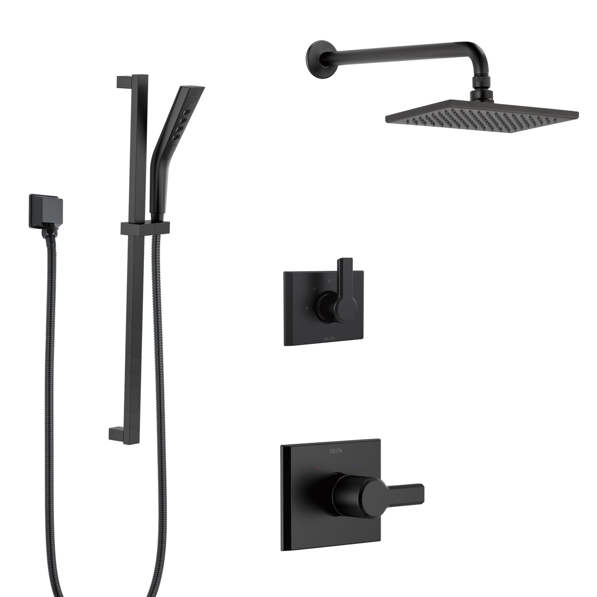 Delta Pivotal Matte Black Finish Shower System with Modern Controls, Wall Mount Rain Showerhead, and Hand Sprayer on Slidebar SS14993BL4