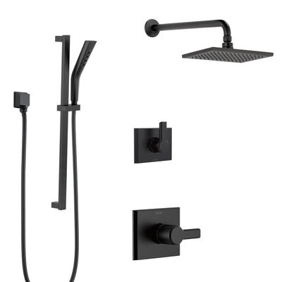 Delta Pivotal Matte Black Finish Shower System with Modern Controls, Wall Mount Rain Showerhead, and Hand Sprayer on Slidebar SS14993BL4