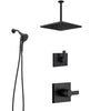 Delta Pivotal Matte Black Finish Modern Shower Faucet System with Large Square Ceiling Mount Rain Showerhead and SureDock Hand Sprayer SS14993BL8