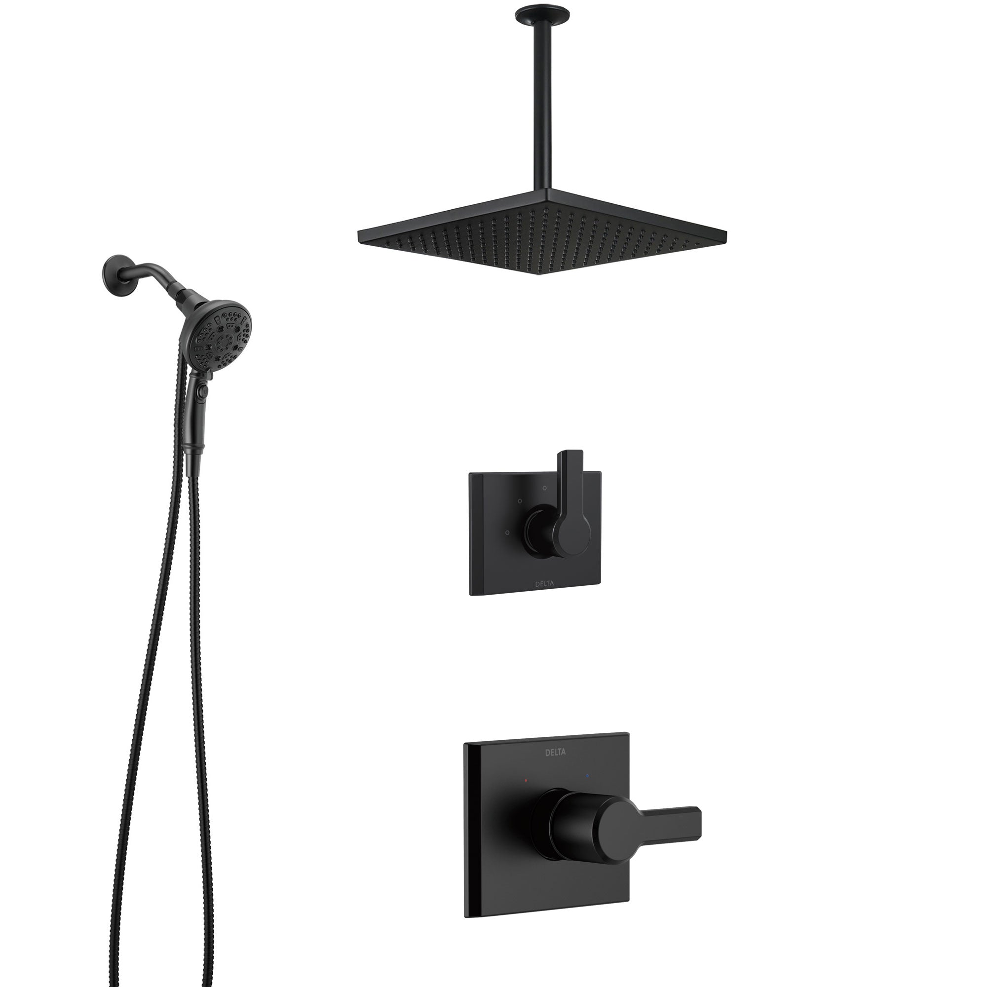 Delta Pivotal Matte Black Finish Modern Shower Faucet System with Large Square Ceiling Mount Rain Showerhead and SureDock Hand Sprayer SS14993BL8