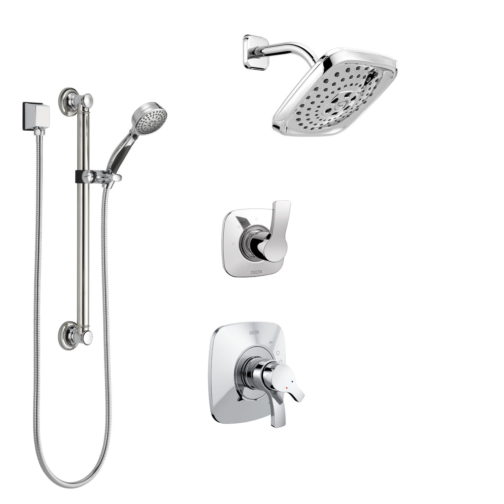 Delta Tesla Chrome Finish Shower System with Dual Control Handle, 3-Setting Diverter, Showerhead, and Hand Shower with Grab Bar SS172523