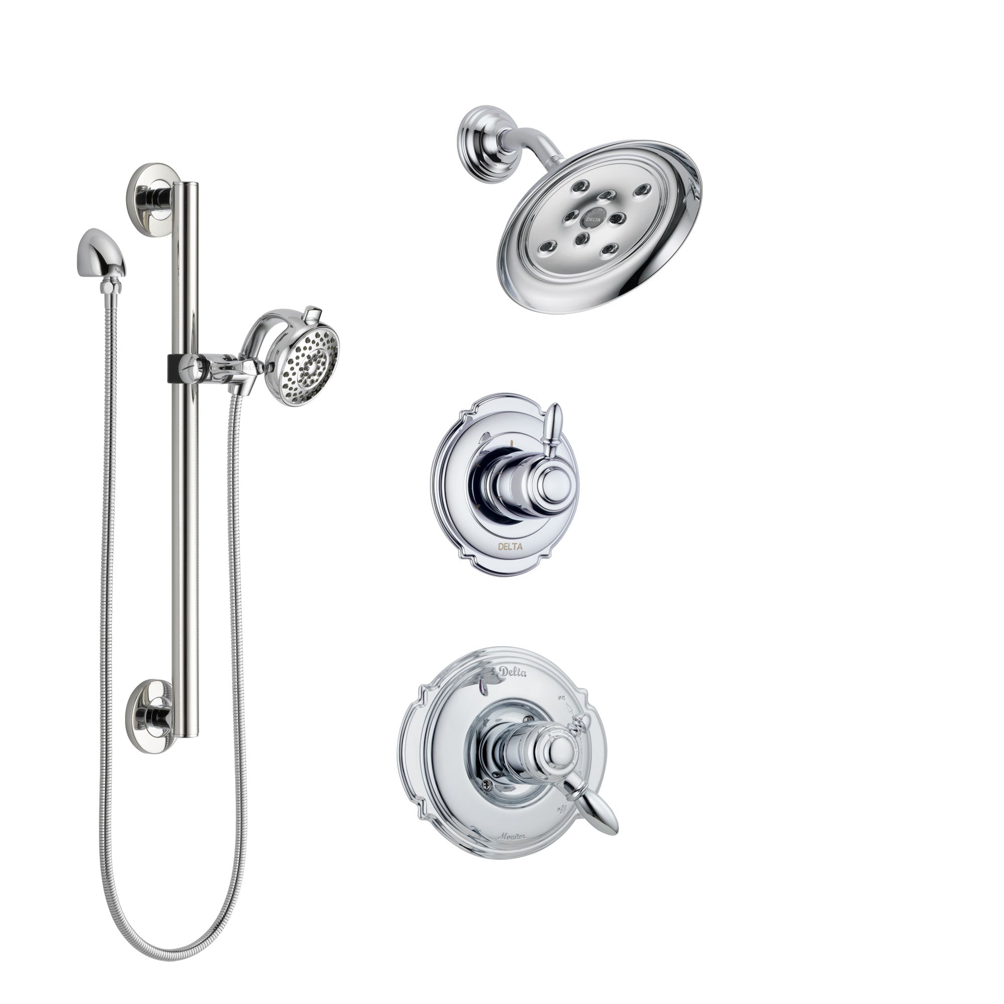 Delta Victorian Chrome Finish Shower System with Dual Control Handle, 3-Setting Diverter, Showerhead, and Hand Shower with Grab Bar SS1725525