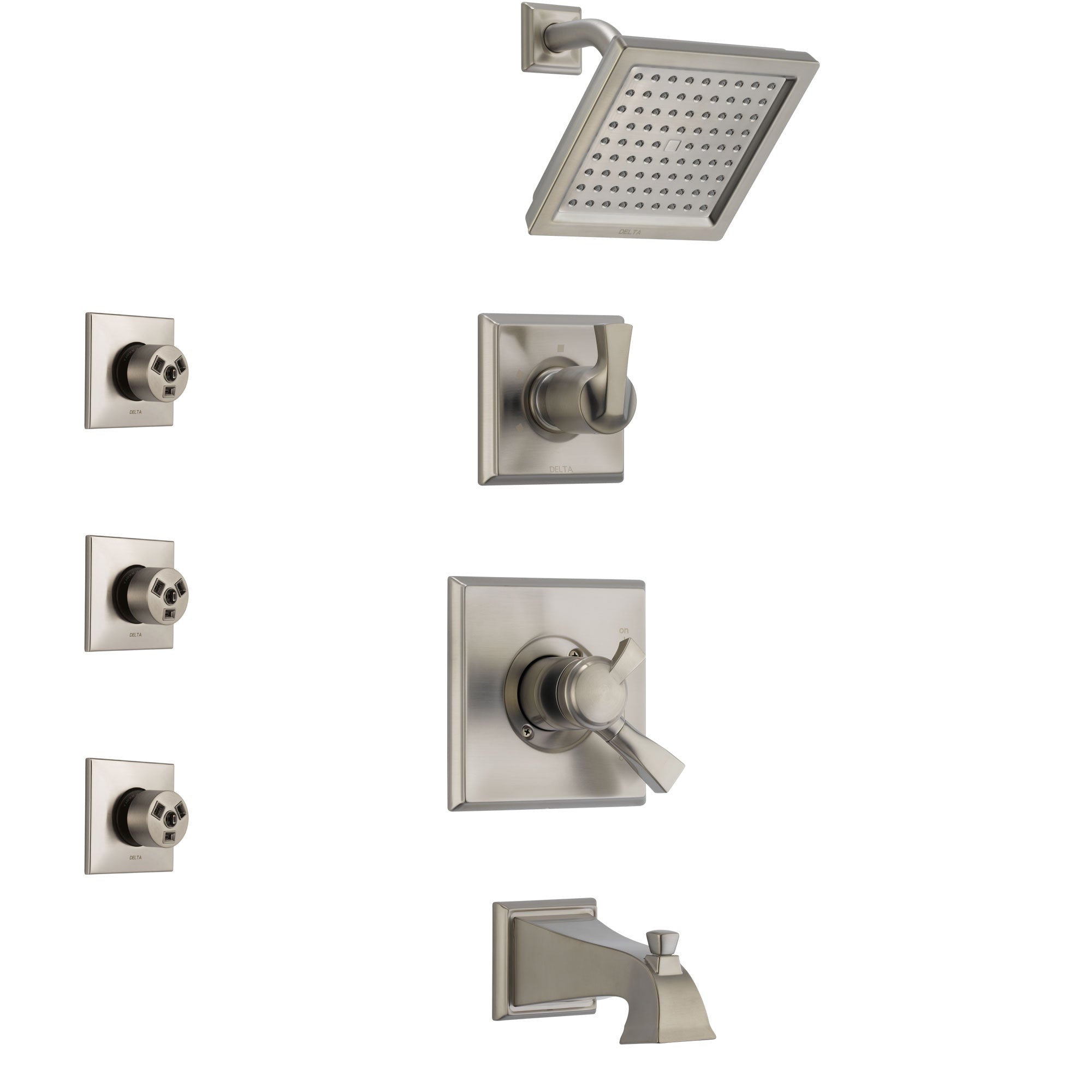 Delta Dryden Stainless Steel Finish Tub and Shower System with Dual Control Handle, 3-Setting Diverter, Showerhead, and 3 Body Sprays SS174511SS2