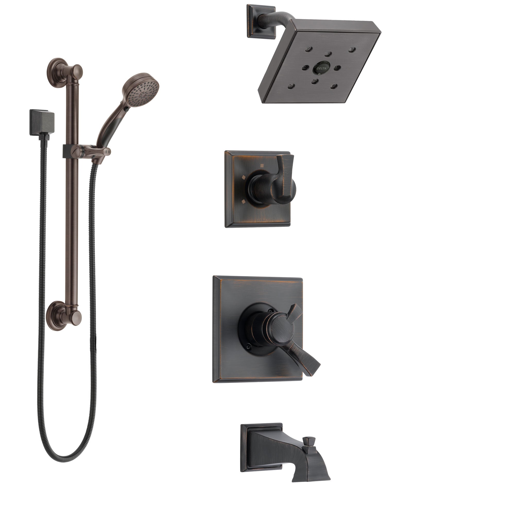 Delta Dryden Venetian Bronze Tub and Shower System with Dual Control Handle, 3-Setting Diverter, Showerhead, and Hand Shower with Grab Bar SS174512RB3