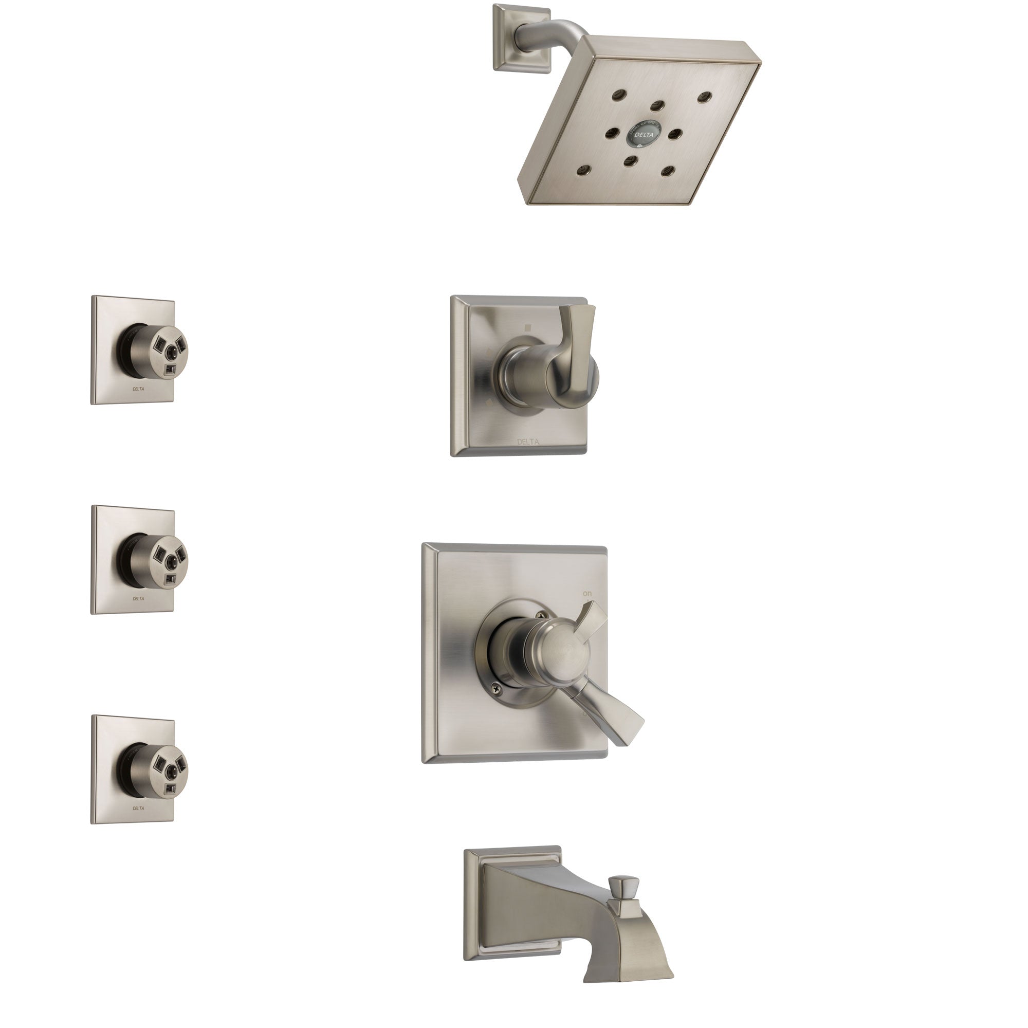 Delta Dryden Stainless Steel Finish Tub and Shower System with Dual Control Handle, 3-Setting Diverter, Showerhead, and 3 Body Sprays SS174512SS1