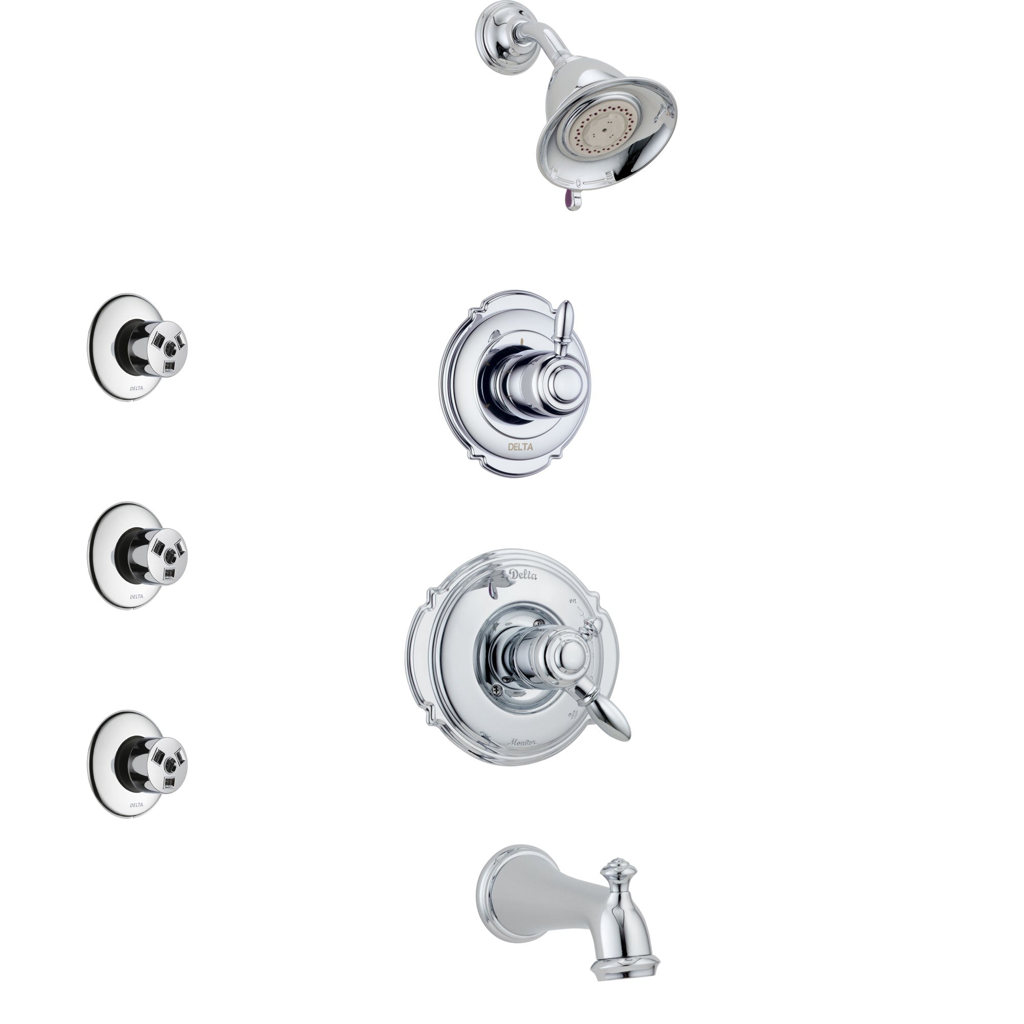 Delta Victorian Chrome Finish Tub and Shower System with Dual Control Handle, 3-Setting Diverter, Showerhead, and 3 Body Sprays SS1745512