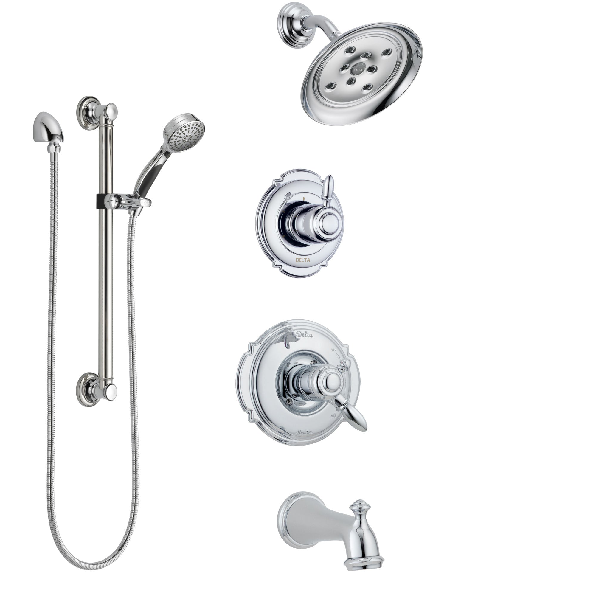 Delta Victorian Chrome Finish Tub and Shower System with Dual Control Handle, 3-Setting Diverter, Showerhead, and Hand Shower with Grab Bar SS1745523