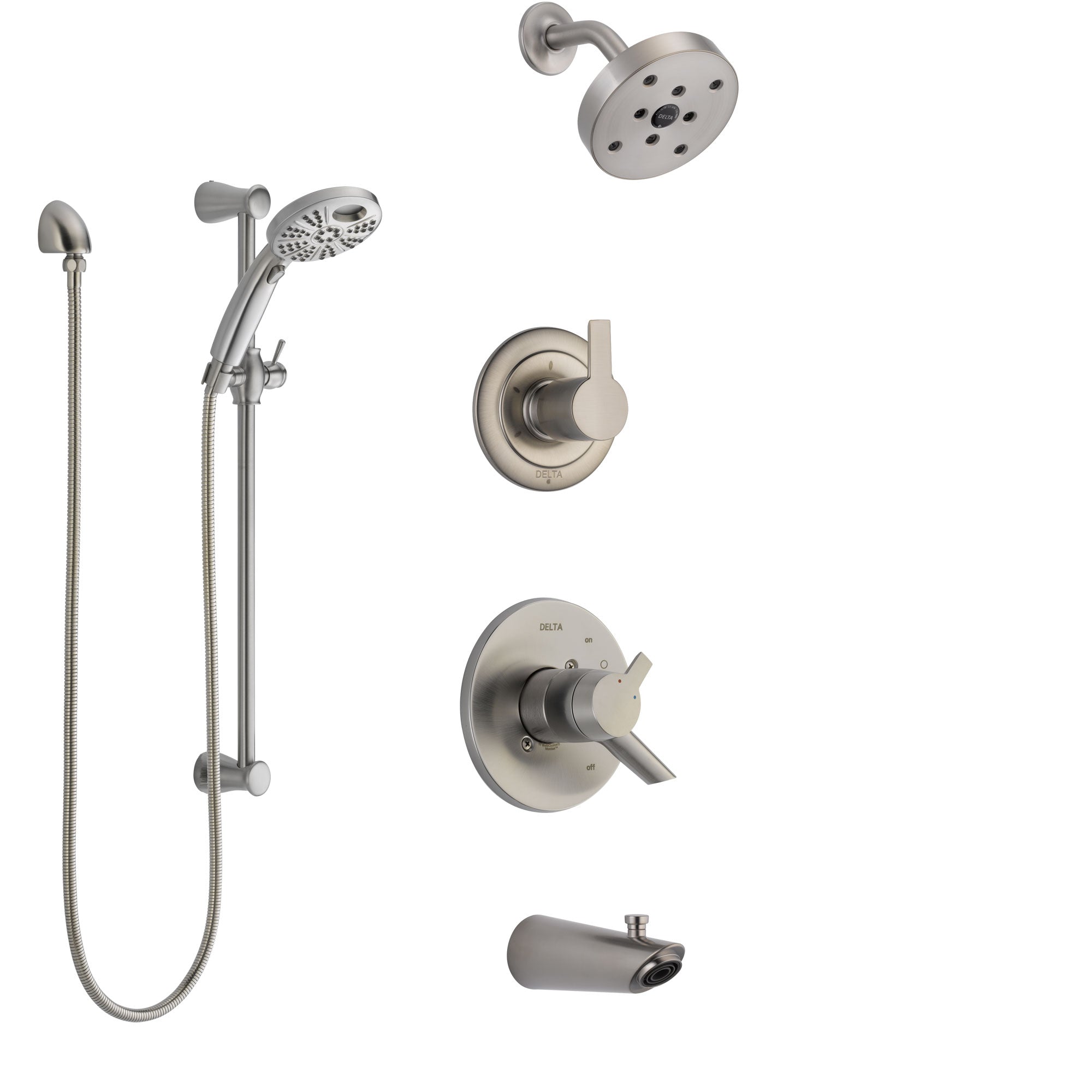 Delta Compel Stainless Steel Finish Dual Control Handle Tub and Shower System, Diverter, Showerhead, and Temp2O Hand Shower with Slidebar SS17461SS4