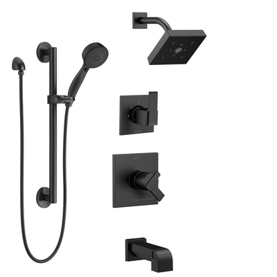 Delta Ara Matte Black Finish Modern Square Complete Shower System with Tub spout, Grab Bar with Hand Spray, and Wall Mount Showerhead SS174673BL1